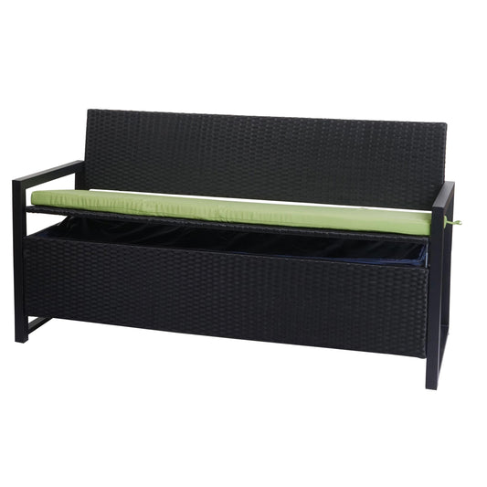 Poly-rattan 3-zitsbank MCW-F39, tuinbank kistbank, opbergvak zitkussens ~ antraciet, kussens groen