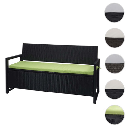Poly-rattan 3-zitsbank MCW-F39, tuinbank kistbank, opbergvak zitkussens ~ antraciet, kussens groen