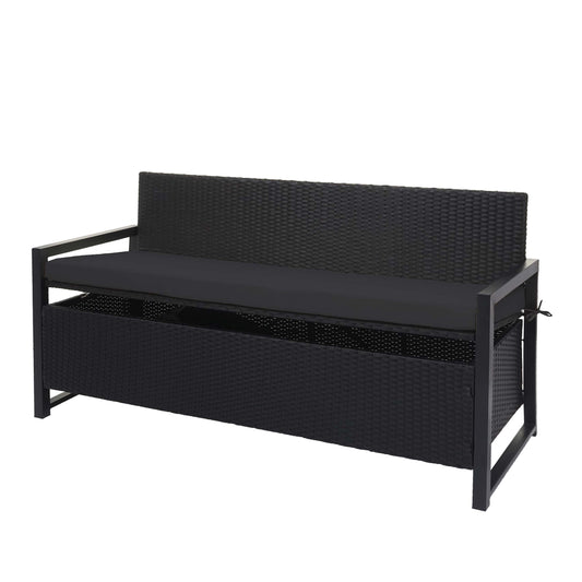 Poly-rattan 3-zitsbank MCW-F39, tuinbank kistbank, opbergvak zitkussens ~ antraciet, kussens zwart