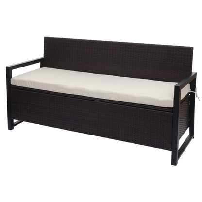 Poly-rattan 3-zitsbank MCW-F39, tuinbank kistbank, opbergvak zitkussens ~ bruin, kussens crème