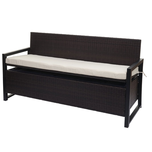 Poly-rattan 3-zitsbank MCW-F39, tuinbank kistbank, opbergvak zitkussens ~ bruin, kussens crème