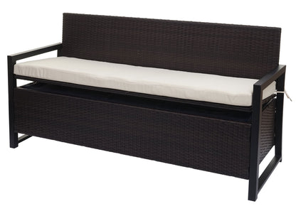 Poly-rattan 3-zitsbank MCW-F39, tuinbank kistbank, opbergvak zitkussens ~ bruin, kussens crème