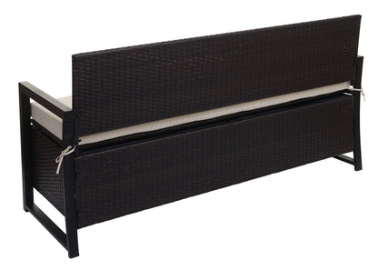 Poly-rattan 3-zitsbank MCW-F39, tuinbank kistbank, opbergvak zitkussens ~ bruin, kussens crème