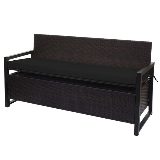 Poly-rattan 3-zitsbank MCW-F39, tuinbank kistbank, opbergvak zitkussens ~ bruin, kussens zwart