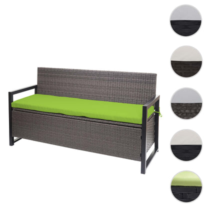 Poly-rattan 3-zitsbank MCW-F39, tuinbank kistbank, opbergvak opbergkussens zitting ~ grijs-gevlamd, kussens groen