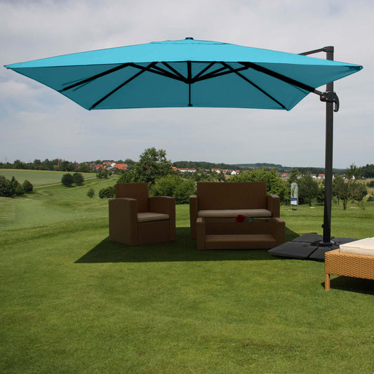 Zweefparasol MCW-A96, parasol, 3x3m (Ø4.24m) polyester/aluminium 23kg ~ turquoise met standaard, draaibaar