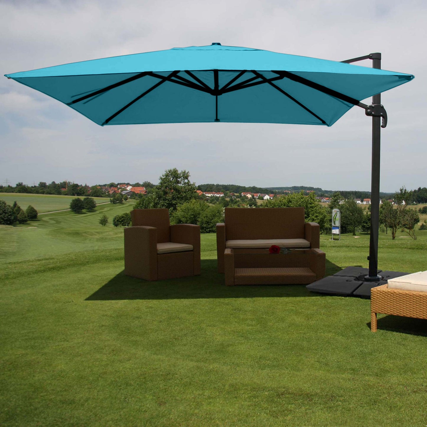 Zweefparasol MCW-A96, parasol, 3x4m (Ø5m) polyester/aluminium 26kg ~ turquoise met standaard, draaibaar