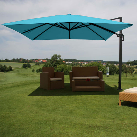 Zweefparasol MCW-A96, parasol, 3x3m (Ø4.24m) polyester/aluminium 23kg ~ turquoise zonder voet, draaibaar
