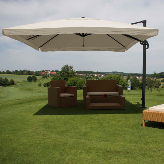Zweefparasol MCW-A96, parasol, 3x4m (Ø5m) polyester/aluminium 26kg ~ Flap, crème-grijs zonder voet, draaibaar
