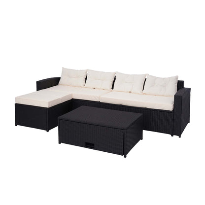 Poly-rattan set MCW-J34, balkon/tuin/lounge set Bank, opbergvak ~ zwart, kussens crème-beige