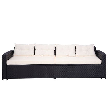 Poly-rattan set MCW-J34, balkon/tuin/lounge set Bank, opbergvak ~ zwart, kussens crème-beige
