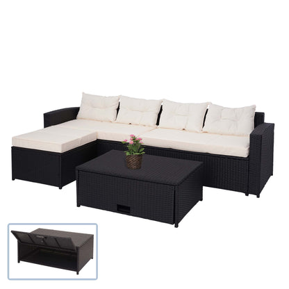 Poly-rattan set MCW-J34, balkon/tuin/lounge set Bank, opbergvak ~ zwart, kussens crème-beige