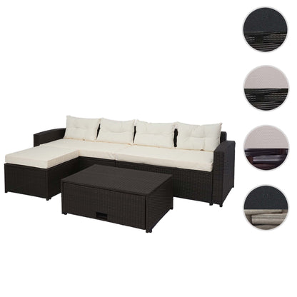 Poly-rattan set MCW-J34, balkon/tuin/lounge set Bank, opbergvak ~ zwart, kussens crème-beige