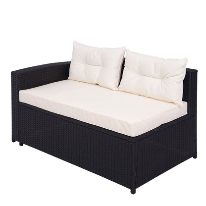 Poly-rattan set MCW-J34, balkon/tuin/lounge set Bank, opbergvak ~ zwart, kussens crème-beige