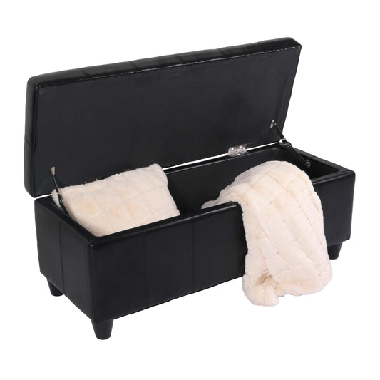 Opbergkist bank Kriens, leer + kunstleer, 112x45x45cm MVG-gecertificeerd ~ zwart