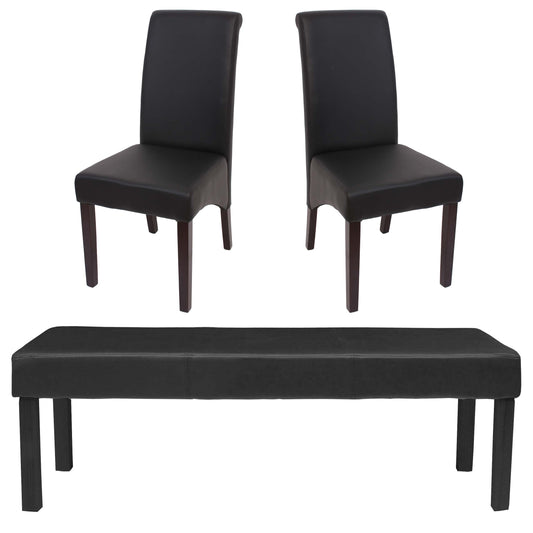 Eetkamerset Set M37, bank en 2 stoelen kunstleer ~ 120x43x49 cm zwart, donkere poten