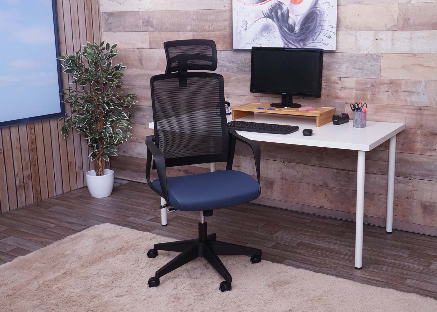 Bureaustoel MCW-J52, bureaustoel, ergonomische hoofdsteun, kunstleer ~ blauw-grijs