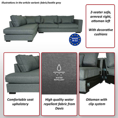Hoekbank MCW-J58, bank met voetenbank links, Made in EU, waterafstotend 295cm ~ stof/textiel grijs