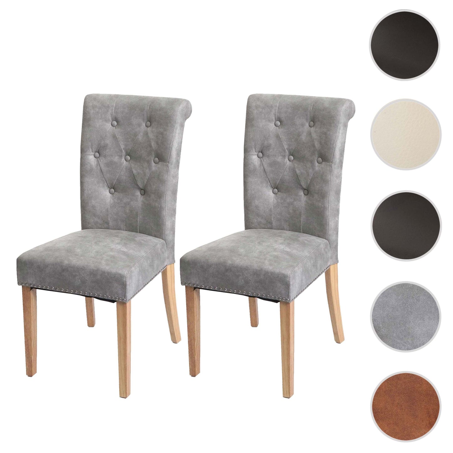 Set van 2 eetkamerstoelen Chesterfield II, keukenstoel, klinknagels ~ stof/textiel lichtgrijs, lichte poten
