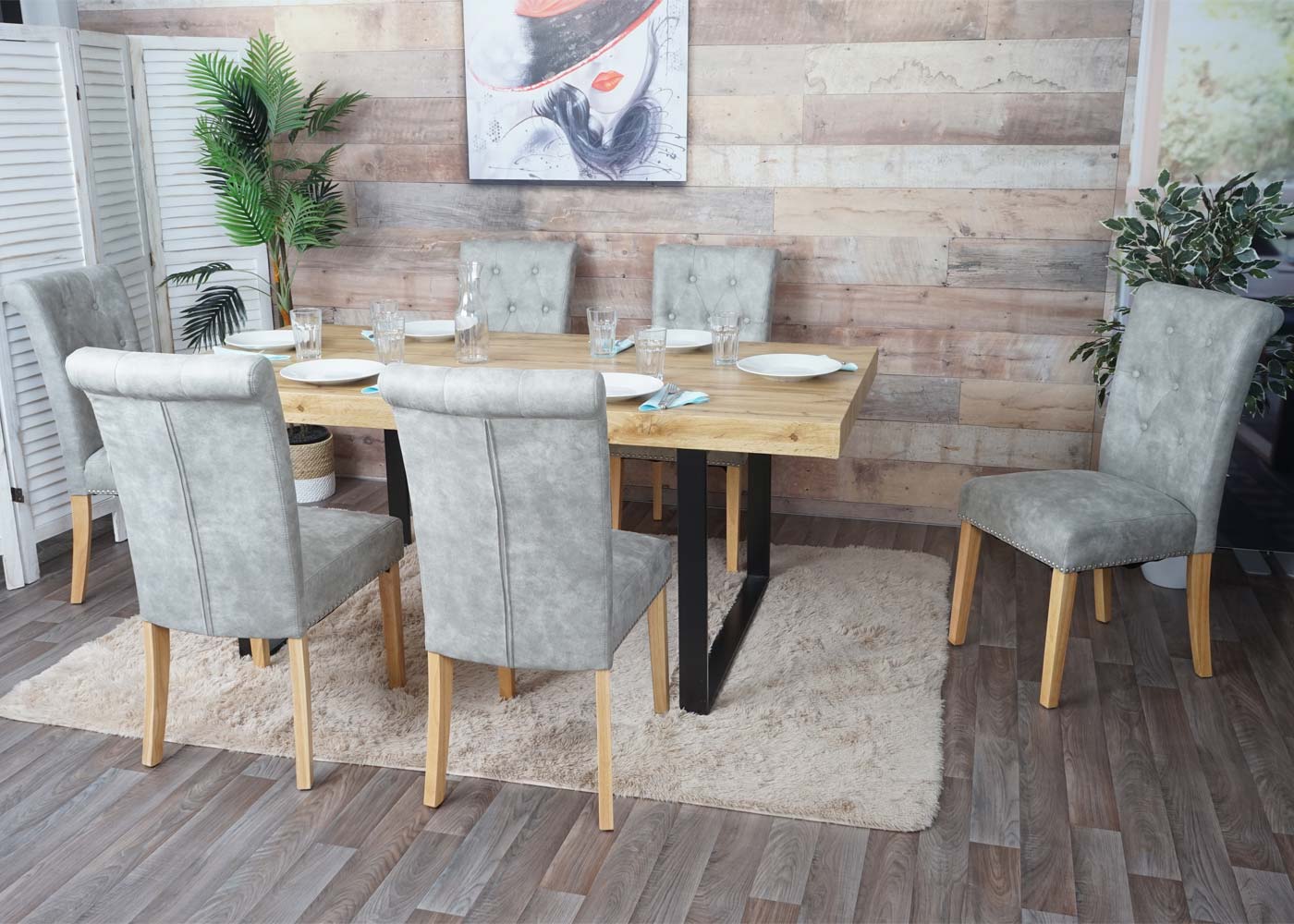 Set van 2 eetkamerstoelen Chesterfield II, keukenstoel, klinknagels ~ stof/textiel lichtgrijs, lichte poten