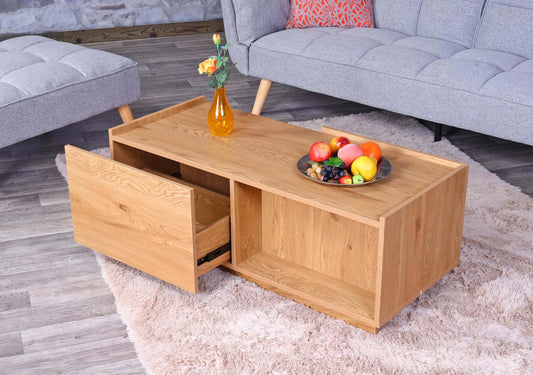 Salontafel MCW-J78, woonkamertafel bijzettafel sofatafel, lade, MDF 110x50x40cm ~ eiken look