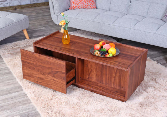 Salontafel MCW-J78, woonkamertafel bijzettafel sofatafel, lade, MDF 110x50x40cm ~ walnoot look