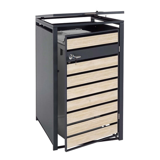1 deksel afvalbak MCW-J81, afvalbak, uittrekbaar, metaal 32kg, antraciet ~ beukenhout look lichtbruin
