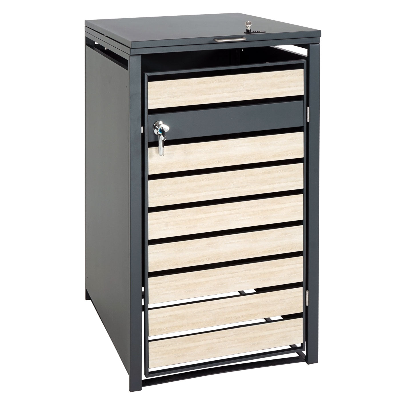 1 deksel afvalbak MCW-J81, afvalbak, uittrekbaar, metaal 32kg, antraciet ~ beukenhout look lichtbruin