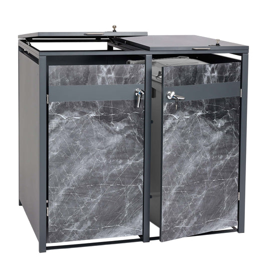 2-bins afvalbak deksel MCW-J82, afvalbak, uitbreidbaar, metaal 50kg, antraciet ~ donker marmer look