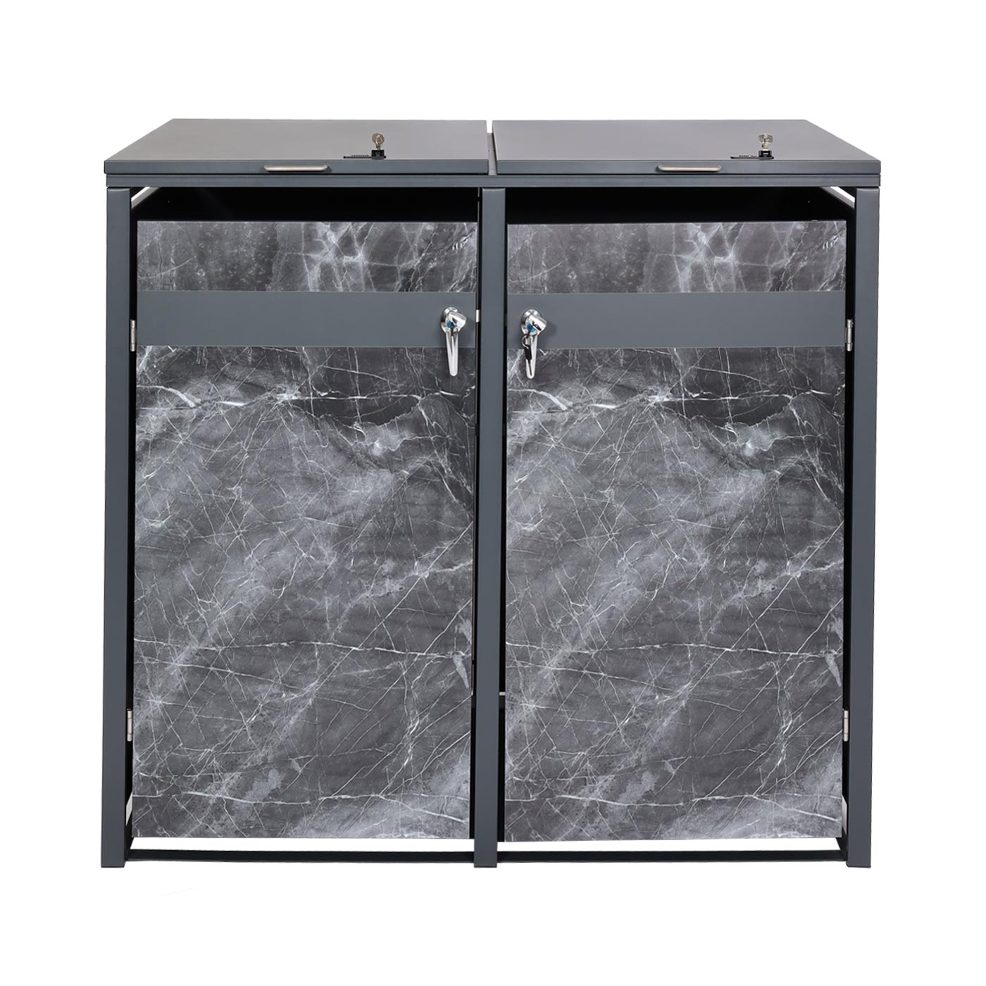 2-bins afvalbak deksel MCW-J82, afvalbak, uitbreidbaar, metaal 50kg, antraciet ~ donker marmer look