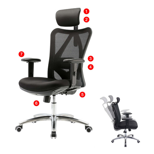 SIHOO bureaustoel bureaustoel, ergonomisch, verstelbare lendensteun, 150kg belastbaar ~ zonder voetsteun zwart