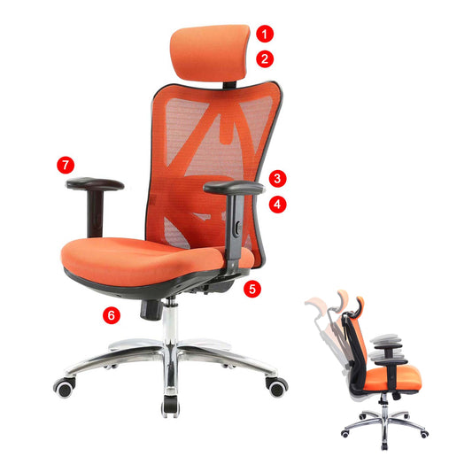 SIHOO bureaustoel bureaustoel, ergonomisch, verstelbare lendensteun, 150kg belastbaar ~ zonder voetsteun, oranje