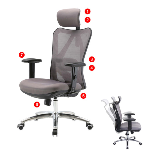 SIHOO bureaustoel bureaustoel, ergonomisch, verstelbare lendensteun, 150kg belastbaar ~ zonder voetsteun, grijs