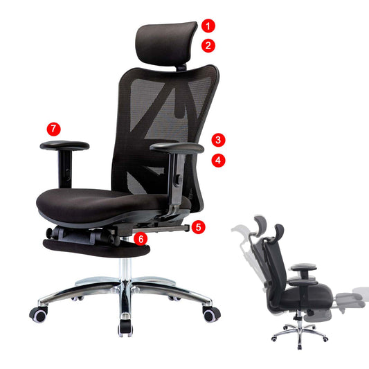 SIHOO bureaustoel bureaustoel, ergonomisch, verstelbare lendensteun, 150kg belastbaar ~ met voetensteun, zwart