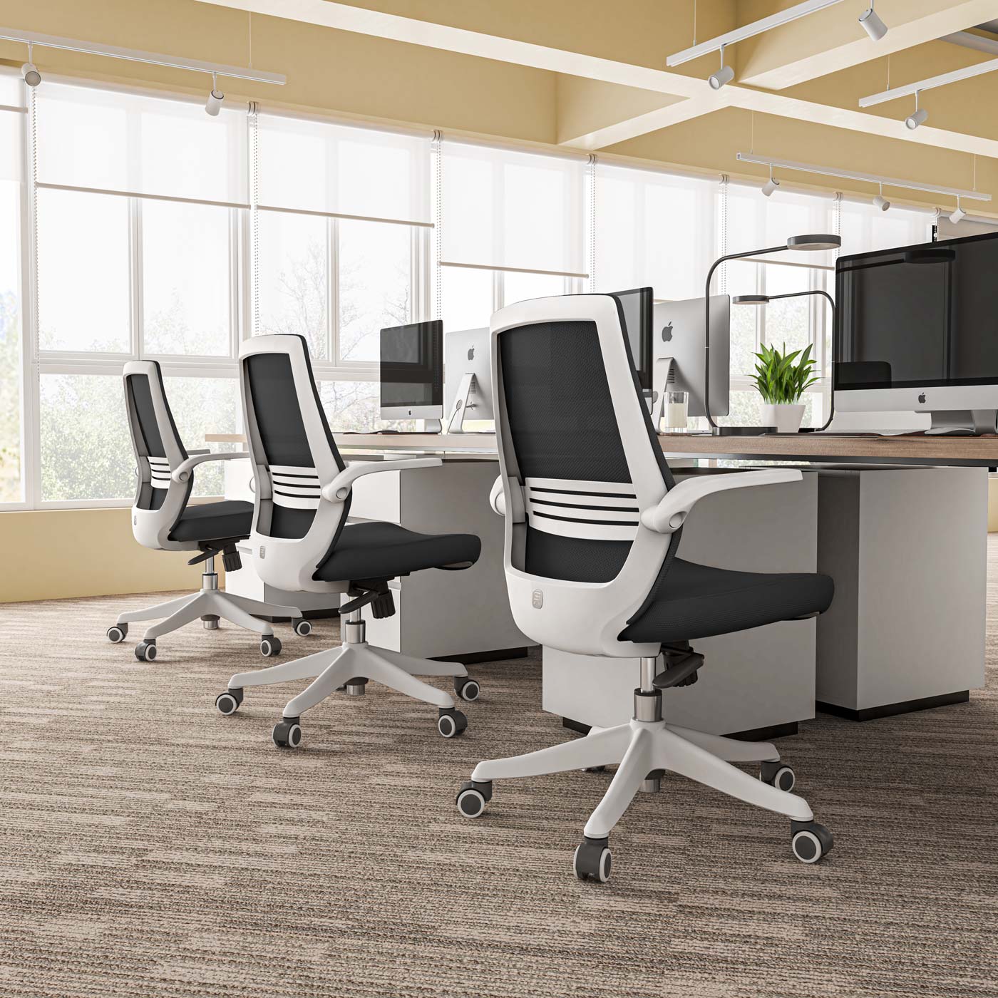 SIHOO Moderne ergonomische bureaustoel, bureaustoel, ademend, taillesteun, opklapbare armleuning ~ zwart