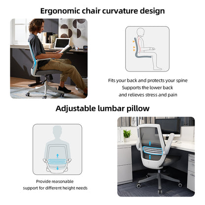 SIHOO Moderne ergonomische bureaustoel, bureaustoel, ademend, taillesteun, opklapbare armleuning ~ zwart