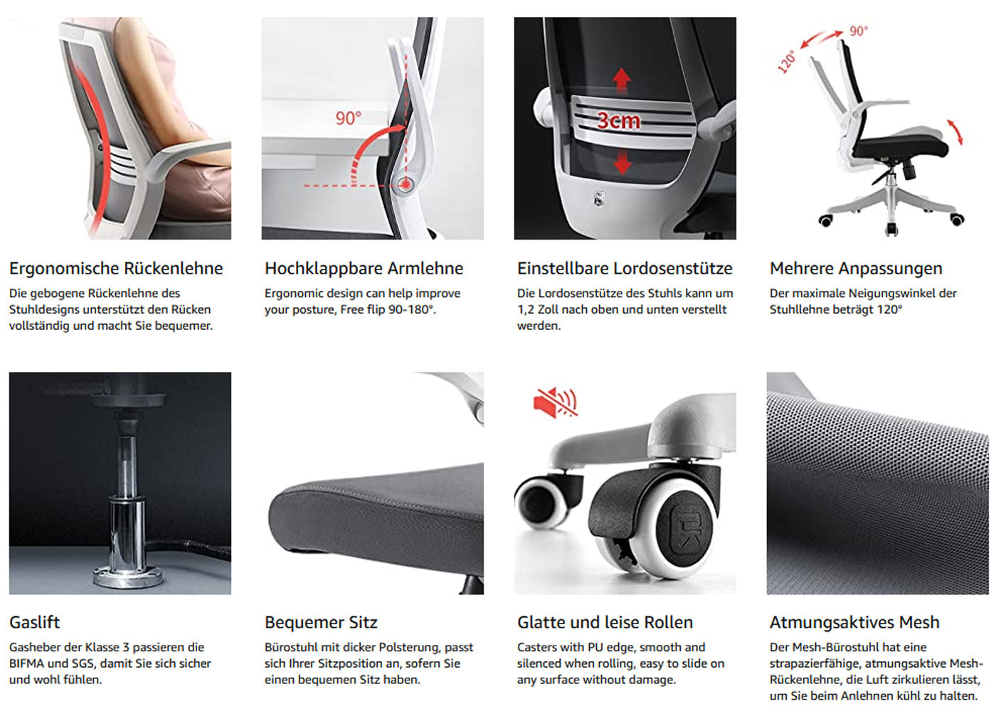 SIHOO Moderne ergonomische bureaustoel, bureaustoel, ademend, taillesteun, opklapbare armleuning ~ zwart