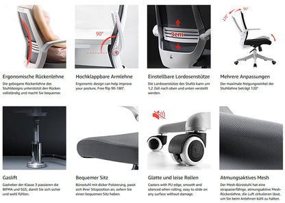 SIHOO Moderne ergonomische bureaustoel, bureaustoel, ademend, taillesteun, opklapbare armleuning ~ zwart