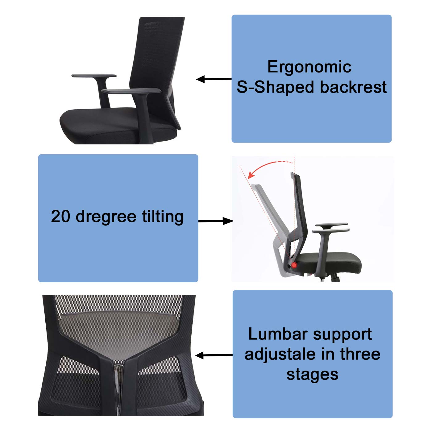 SIHOO bureaustoel bureaustoel, ergonomische S-vormige rugleuning, ademende verstelbare taillesteun ~ zwart