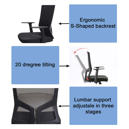 SIHOO bureaustoel bureaustoel, ergonomische S-vormige rugleuning, ademende verstelbare taillesteun ~ zwart