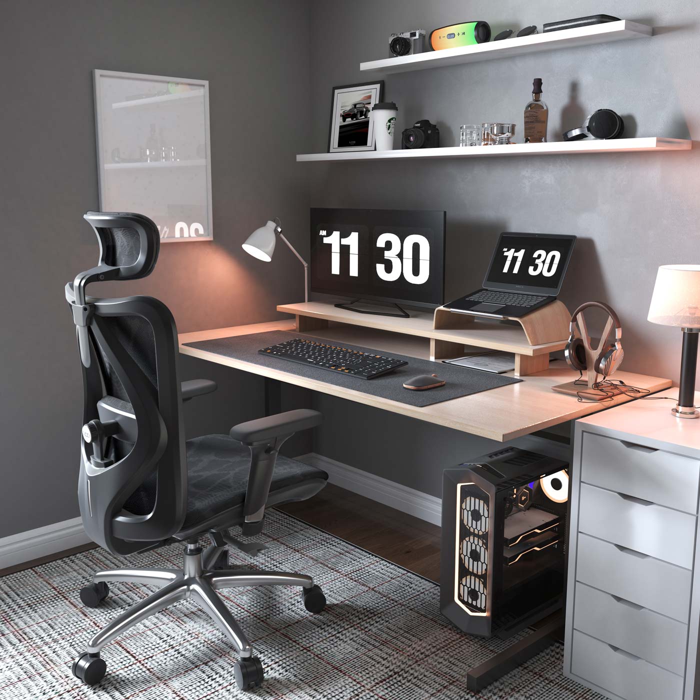 SIHOO bureaustoel bureaustoel, ergonomisch, verstelbare armleuning, 150kg belastbaar ~ bekleding zwart, frame zwart