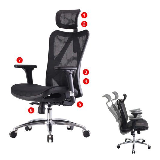 SIHOO bureaustoel bureaustoel, ergonomisch, verstelbare armleuning, 150kg belastbaar ~ bekleding zwart, frame zwart