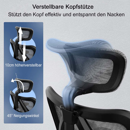 SIHOO bureaustoel bureaustoel, ergonomisch, verstelbare armleuning, 150kg belastbaar ~ bekleding zwart, frame zwart