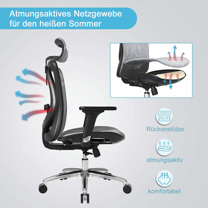 SIHOO bureaustoel bureaustoel, ergonomisch, verstelbare armleuning, 150kg belastbaar ~ bekleding zwart, frame zwart
