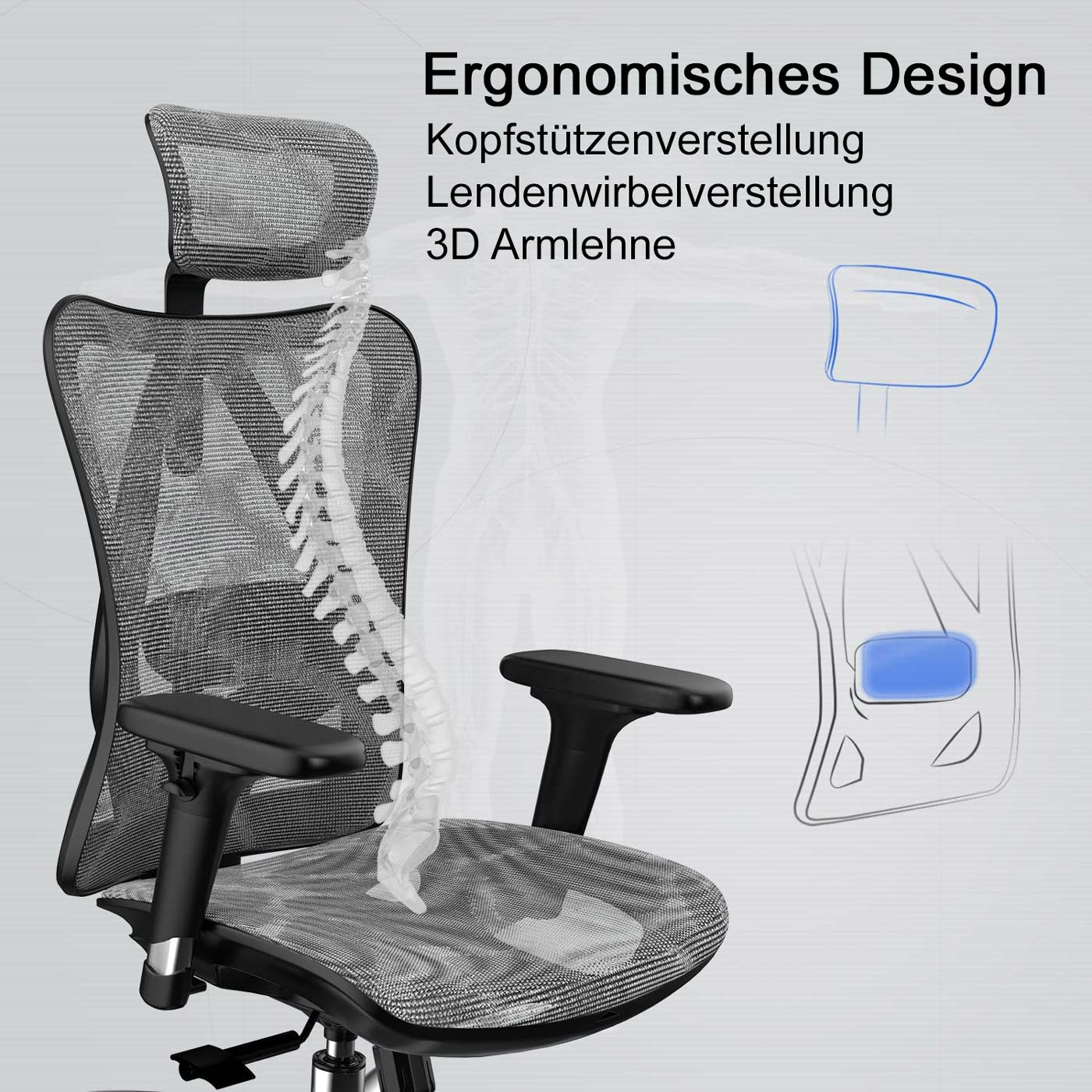 SIHOO bureaustoel bureaustoel, ergonomisch, verstelbare armleuning, 150kg belastbaar ~ grijze bekleding, wit frame