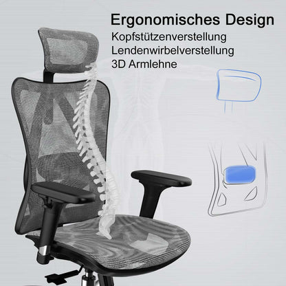 SIHOO bureaustoel bureaustoel, ergonomisch, verstelbare armleuning, 150kg belastbaar ~ grijze bekleding, wit frame
