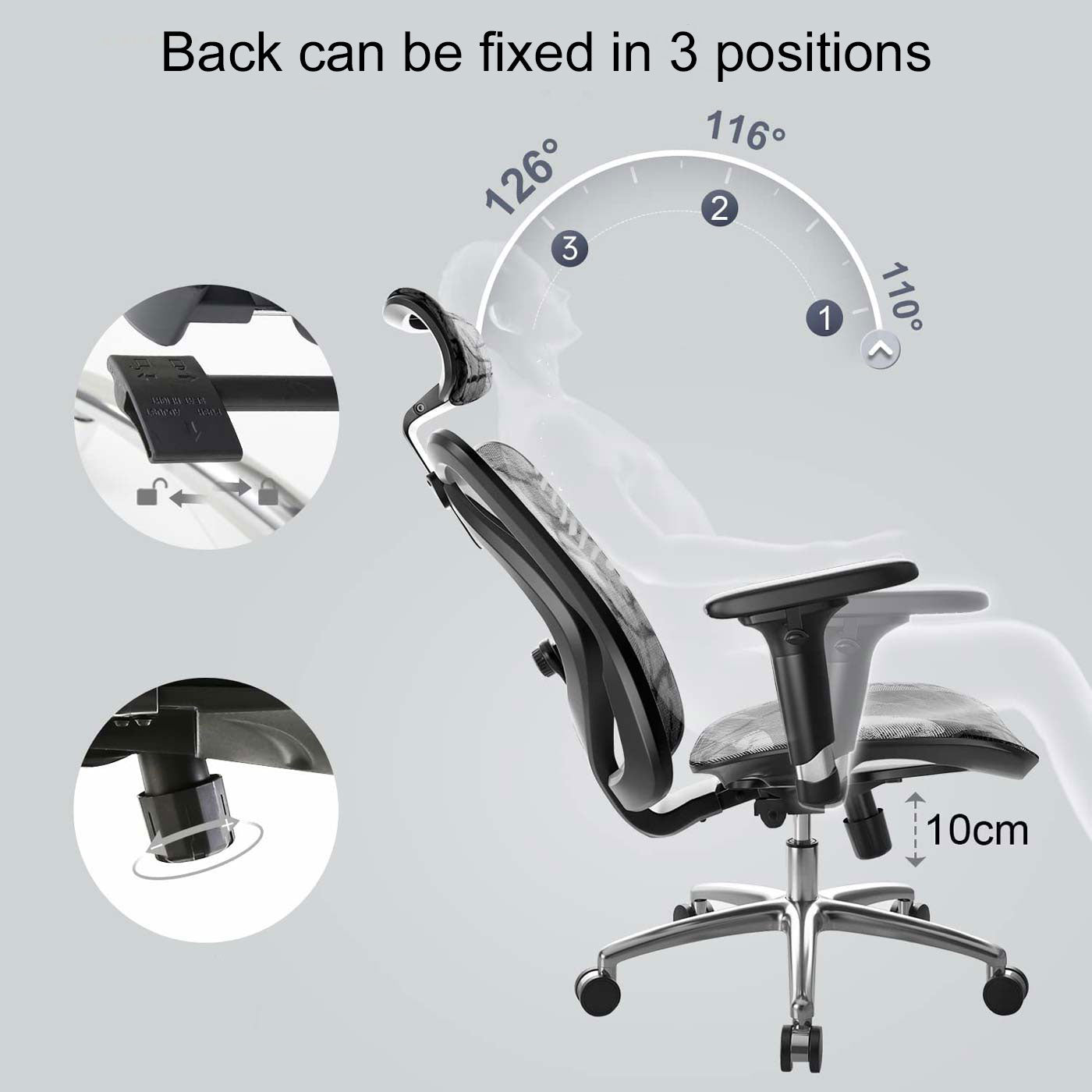 SIHOO bureaustoel bureaustoel, ergonomisch, verstelbare armleuning, 150kg belastbaar ~ grijze bekleding, wit frame