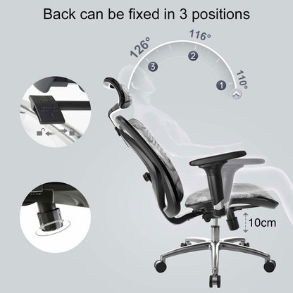 SIHOO bureaustoel bureaustoel, ergonomisch, verstelbare armleuning, 150kg belastbaar ~ grijze bekleding, wit frame