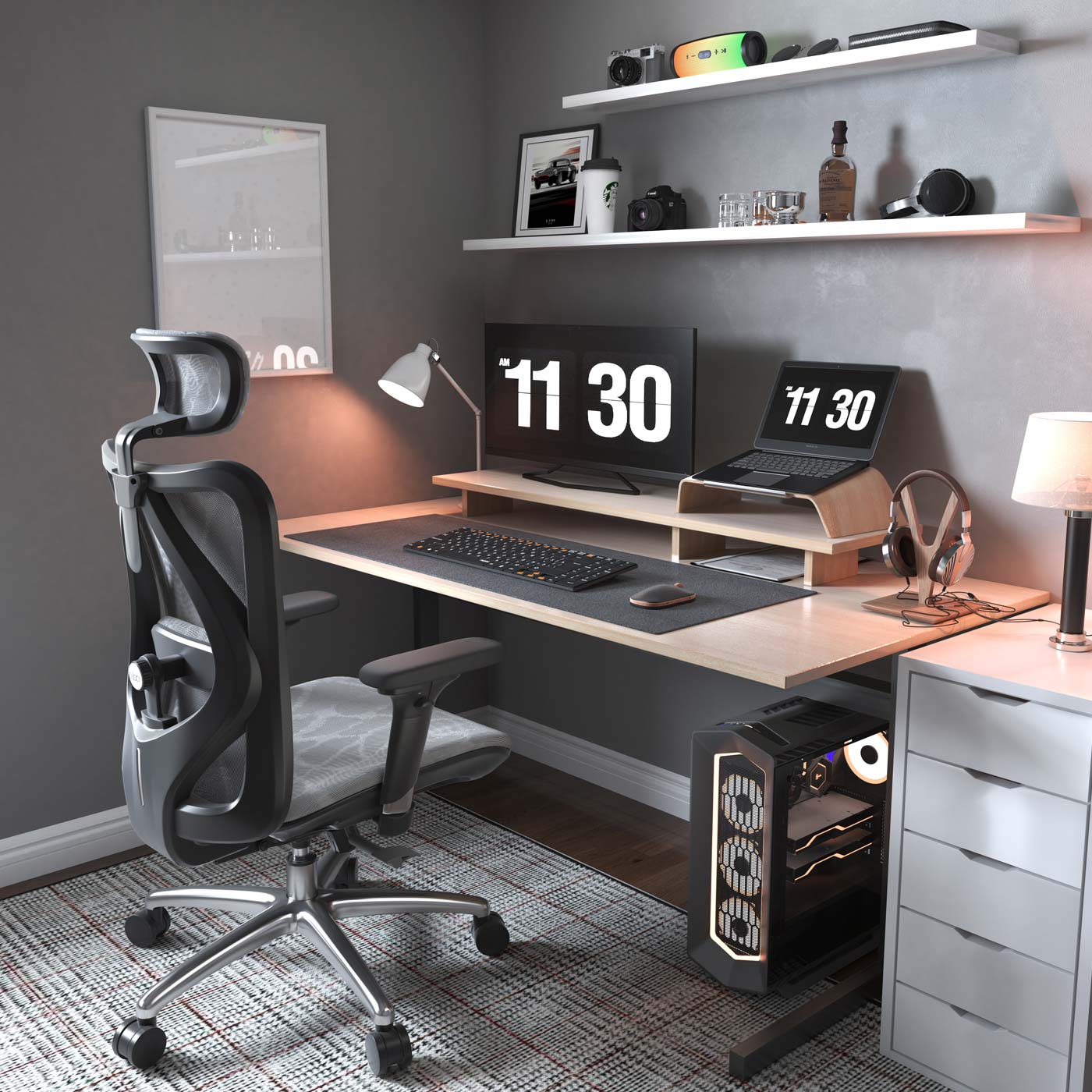 SIHOO bureaustoel bureaustoel, ergonomisch, verstelbare armleuning, 150kg belastbaar ~ grijze bekleding, zwart frame