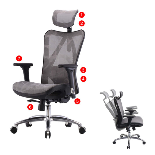 SIHOO bureaustoel bureaustoel, ergonomisch, verstelbare armleuning, 150kg belastbaar ~ grijze bekleding, zwart frame